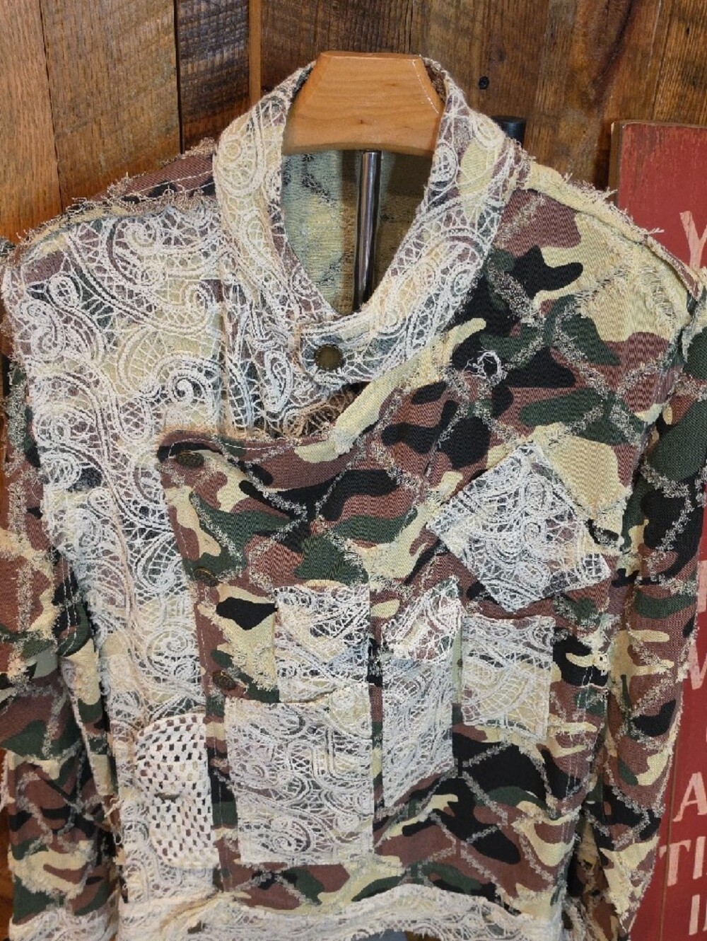 051p POL Patchwork Camouflage and Lace Jacket in Green and Brown - Picture 3 of 16